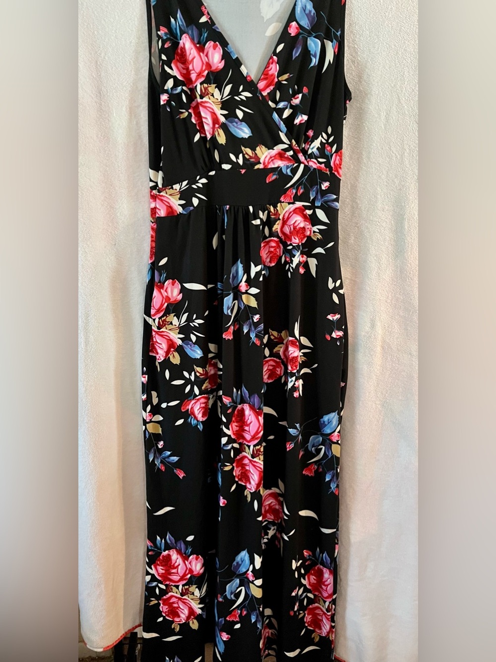 Black Floral Maxi Dress with Pink & Blue Roses